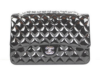 AAA Chanel Classic Flap Bag 1113 Black Quilted Patent Silver Chain Knockoff